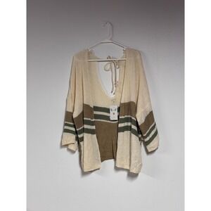 POL Womens Striped Open Back Tie Lightweight Cardigan Sweater Olive Cream Medium